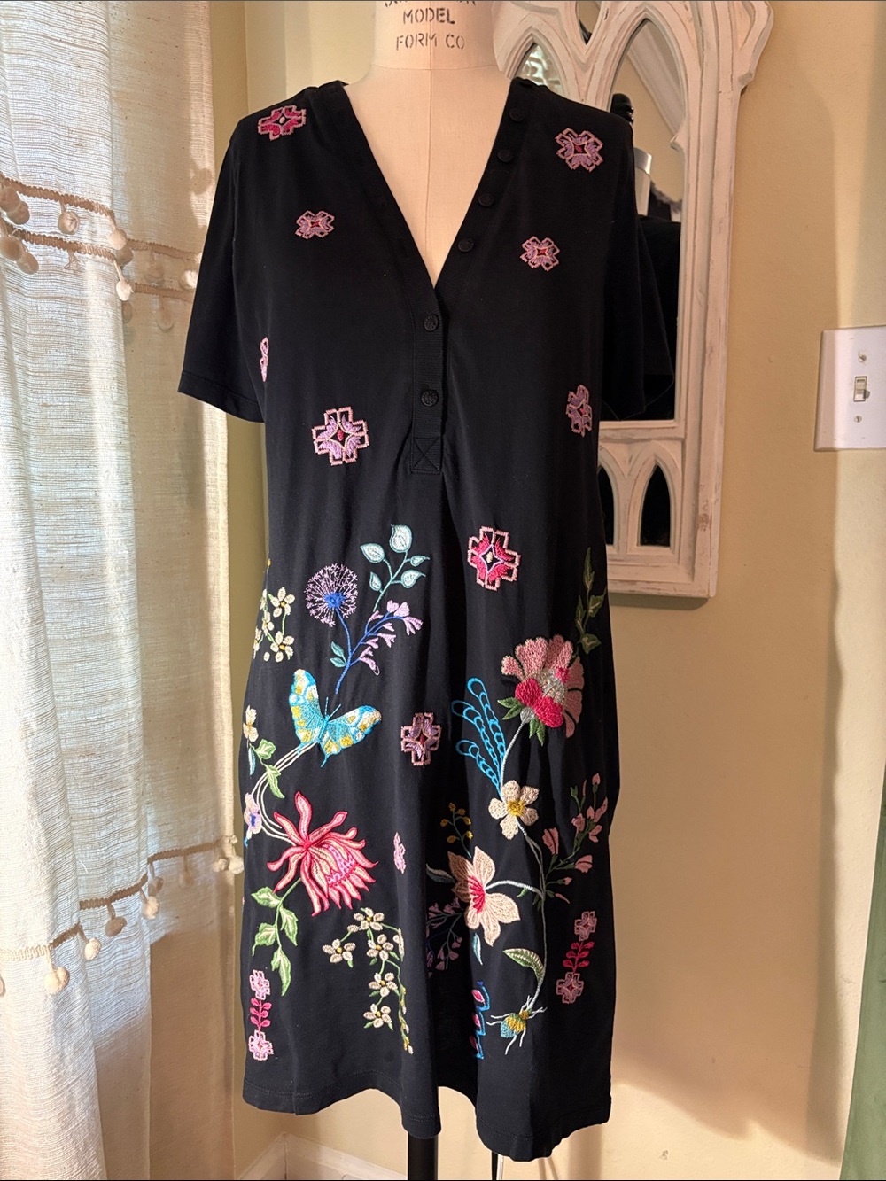 Johnny Was Black Mini Dress with Multi-Color Floral Embroidery